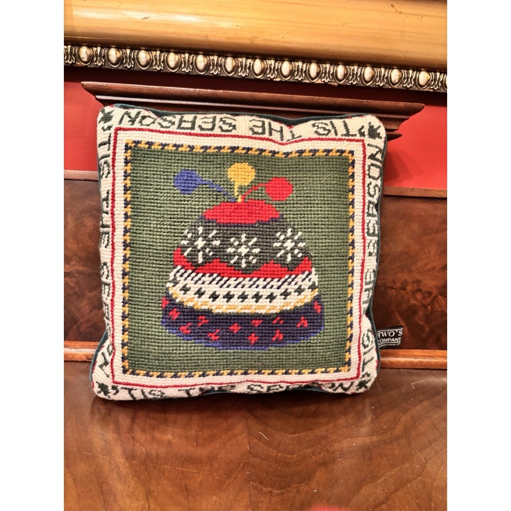 Two's Company Wool Needlepoint Christmas Pillow Knit Hat Tis The Season 9x9
